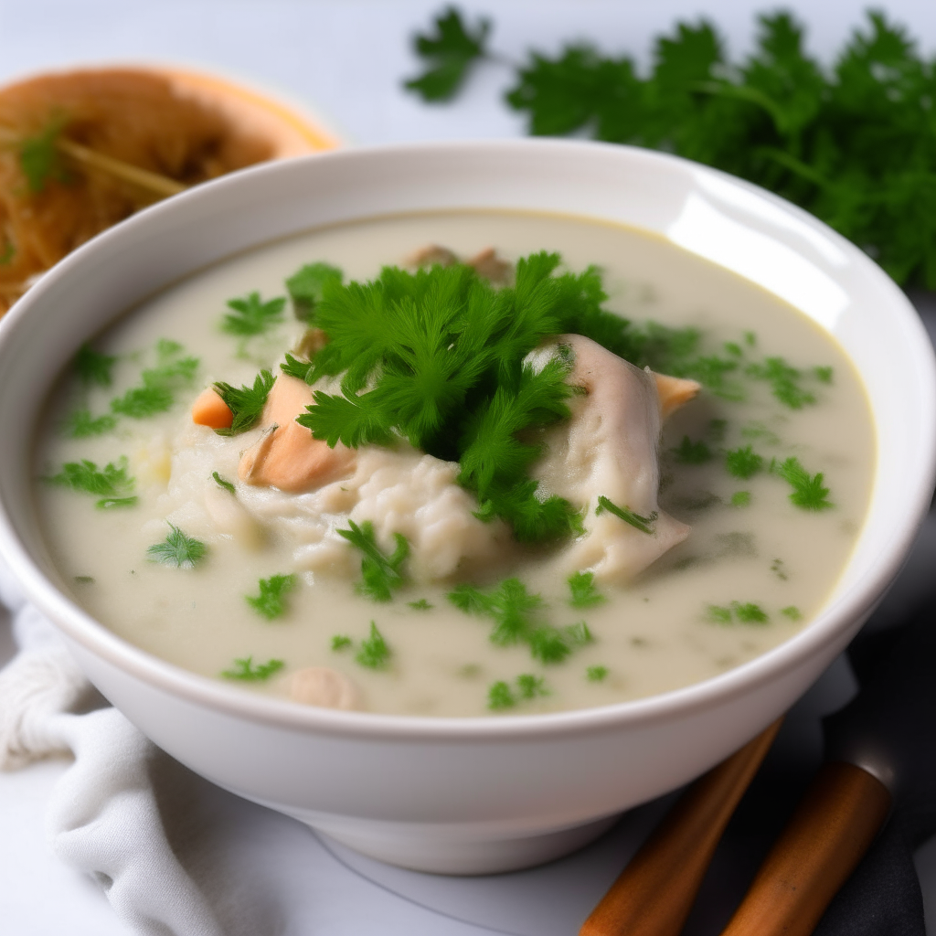 bowl of creamy chicken and wild rice soup, steam rising, garnish of parsley creamy chicken and wild rice soup in a white bowl, steam wisping up, green parsley garnish on top