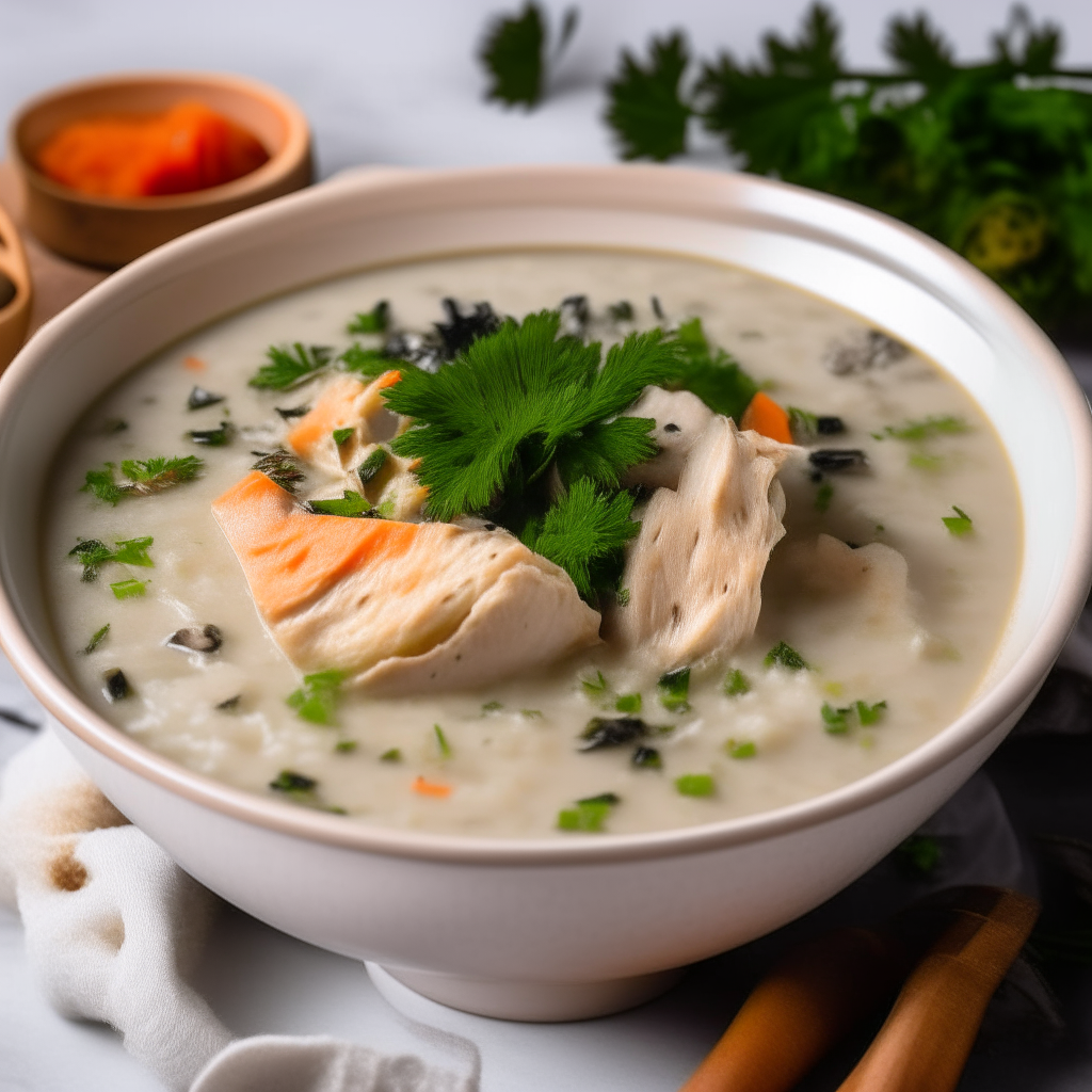 bowl of creamy chicken and wild rice soup, steam rising, garnish of parsley and crackers on the side