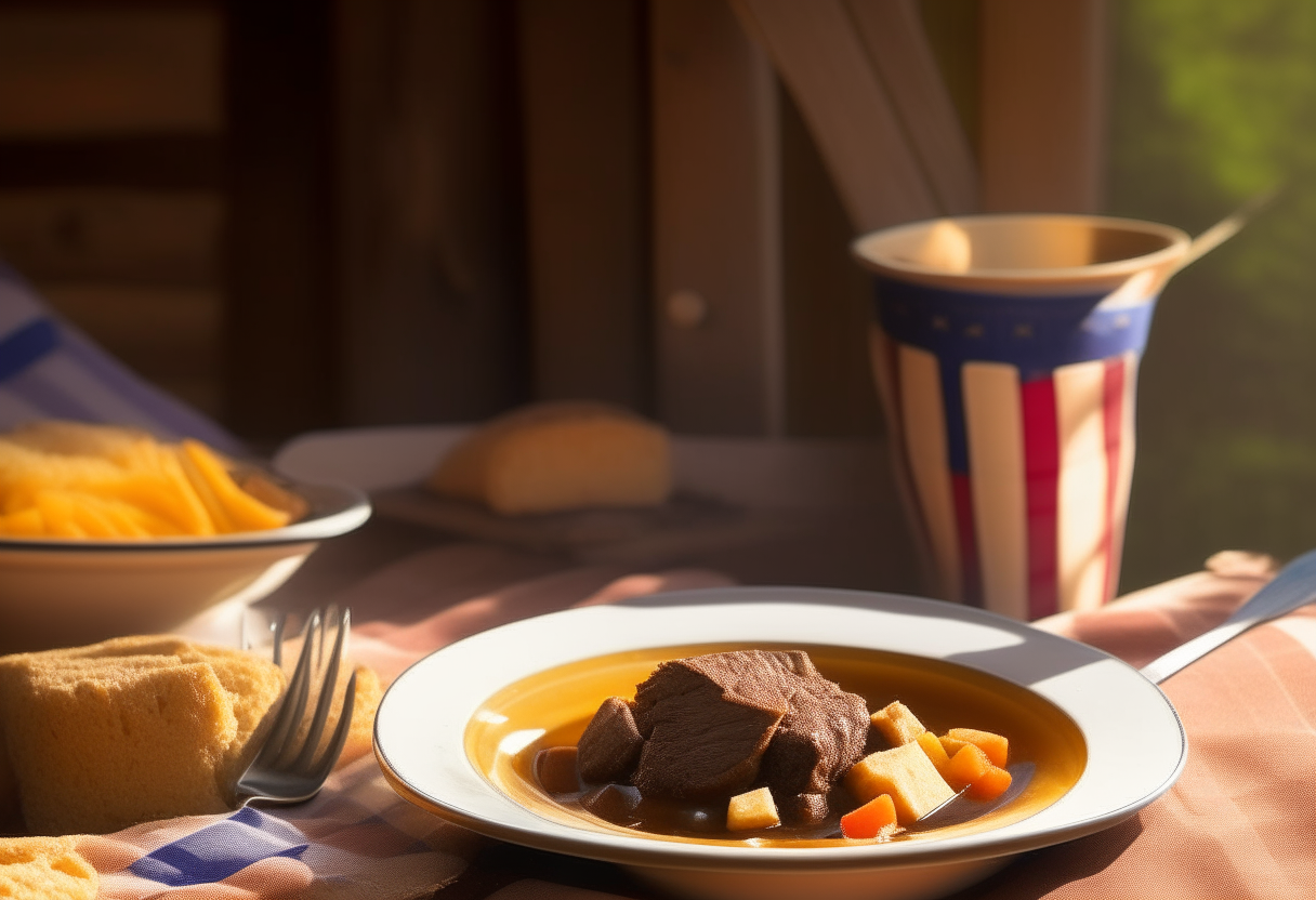 A heartwarming plate of beef stew and cornbread set against a rustic American barn backdrop. Sunlight pierces the sky, beef stew glistening in a white bowl with carrots, potatoes, brown gravy. Golden cornbread on a checkered napkin. Vintage American flag waves in background. Amber bottle of ale ready to drink. Rustic scene of hearty American beef stew and cornbread, sunlit barn backdrop