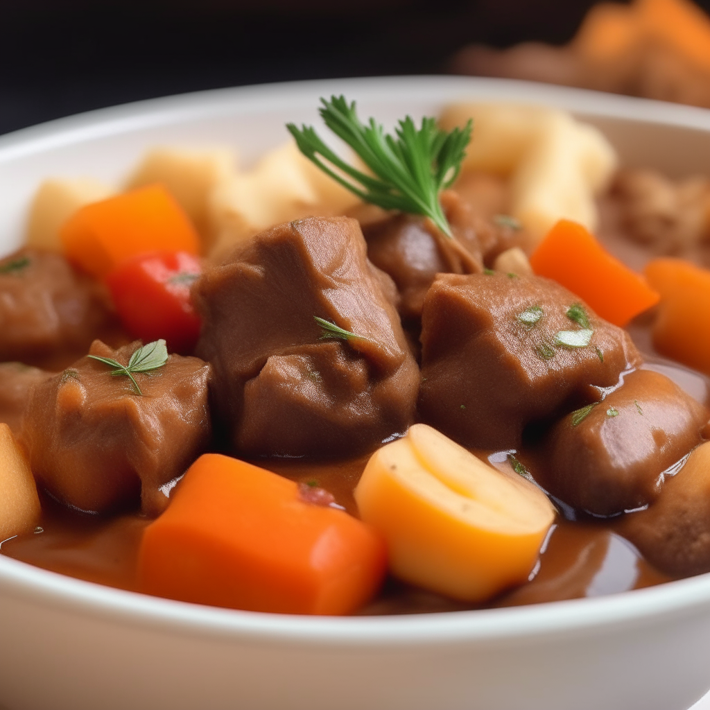 Close up photo of hearty beef stew in a white bowl, carrots, potatoes, rich brown gravy