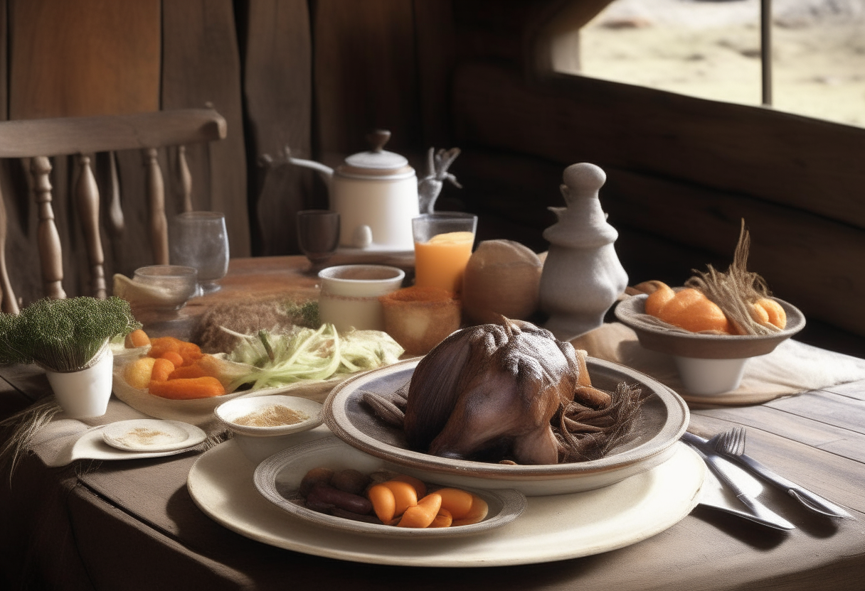 Rustic American dining table with large ceramic platter holding tender pot roast and root vegetables, backdrop of barnyard with haystacks and cattle