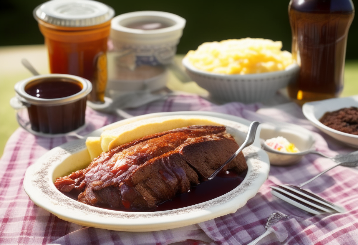 Sumptuous platter showcasing juicy, caramelized beef brisket with smoky BBQ sauce, surrounded by cornbread, coleslaw, pickled onions. Sunlit American picnic scene backdrop with checkered tablecloth and BBQ sauce jar.