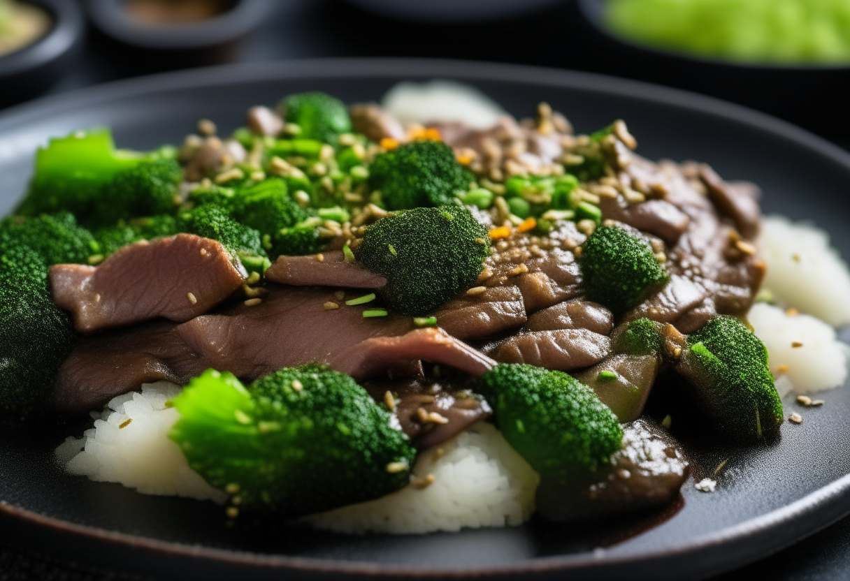 Beef and broccoli stir-fry steaming on a black plate, tender beef slices, bright broccoli florets in shimmering sauce, with white rice and sesame seeds