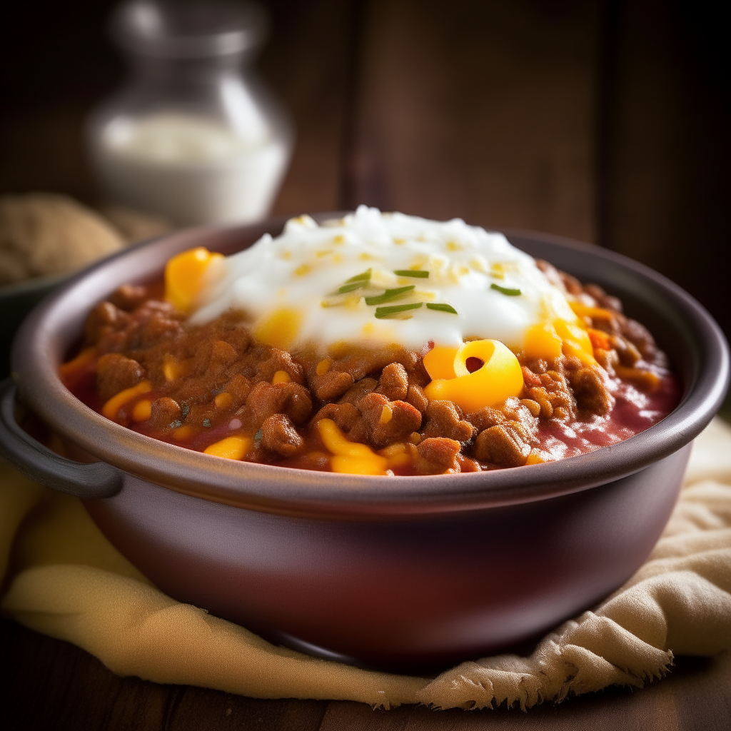 Rustic ceramic bowl of hearty beef chili, thick sauce, ground beef, beans, bell peppers, onions, sour cream, cheddar, cornbread