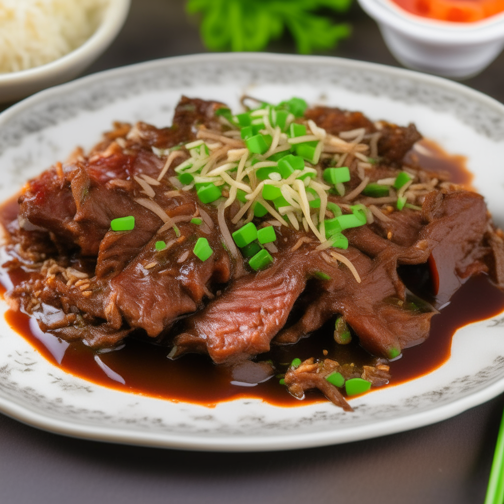 Ceramic plate with succulent Mongolian beef strips in brown sauce, white rice, green scallions, red and gold Chinese motifs