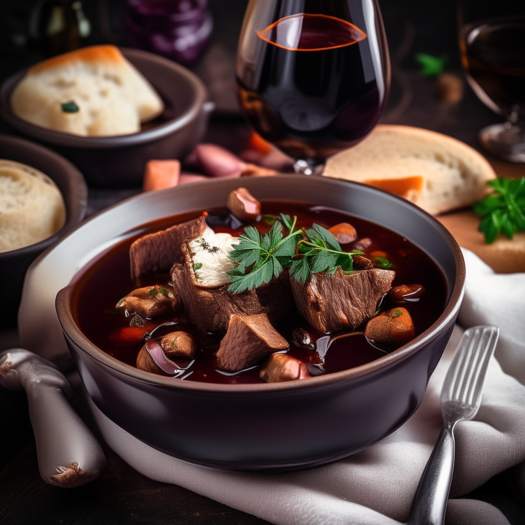 Ceramic dish of beef bourguignon stew, tender beef, mushrooms, onions, carrots in deep burgundy sauce. Fresh thyme garnish. Beside is wine glass and bread.