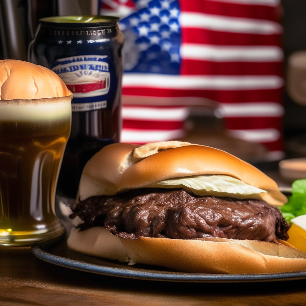 Rustic table with Italian beef sandwich, tender beef, peppers, onions, au jus dip, pepperoncini peppers. American flag and root beer bottle in background.