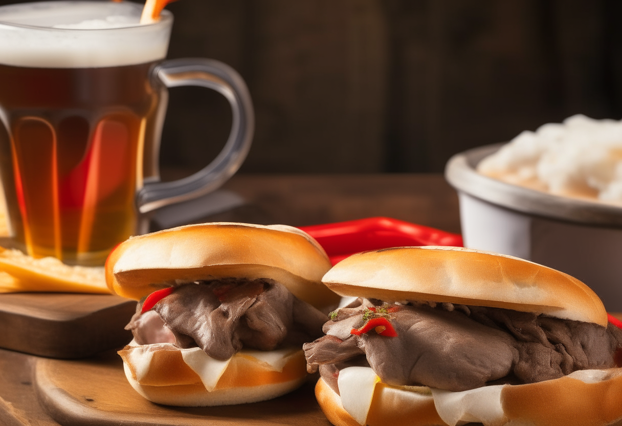 Italian beef sandwiches with juicy roast beef, sweet peppers and cheese on a crusty Italian roll next to a frosty mug of beer on a wooden table photorealistic