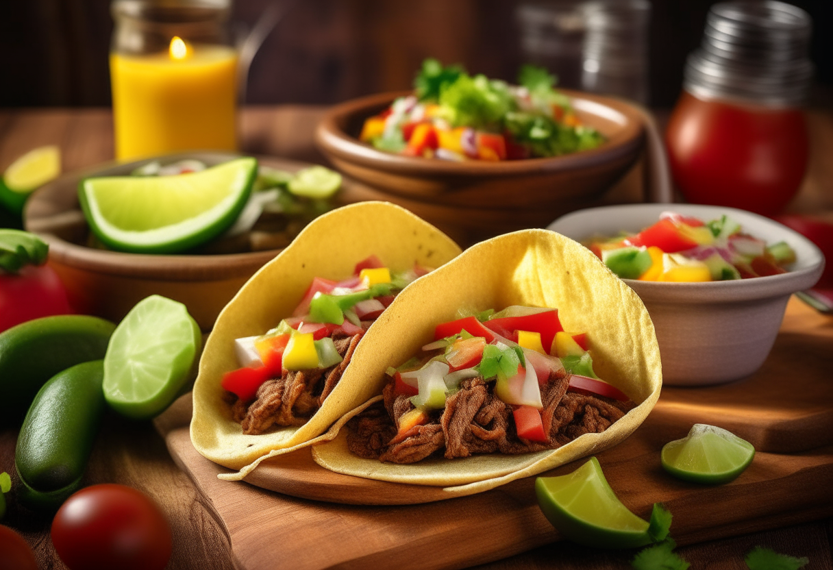 A vibrant photograph of hearty beef tacos with juicy slow-cooked beef, diced tomatoes, onions, lettuce and cheddar cheese on golden charred tortillas on a rustic wooden table next to bowls of guacamole, salsa and sour cream with an American flag and symbols like the Golden Gate Bridge faintly superimposed in the background