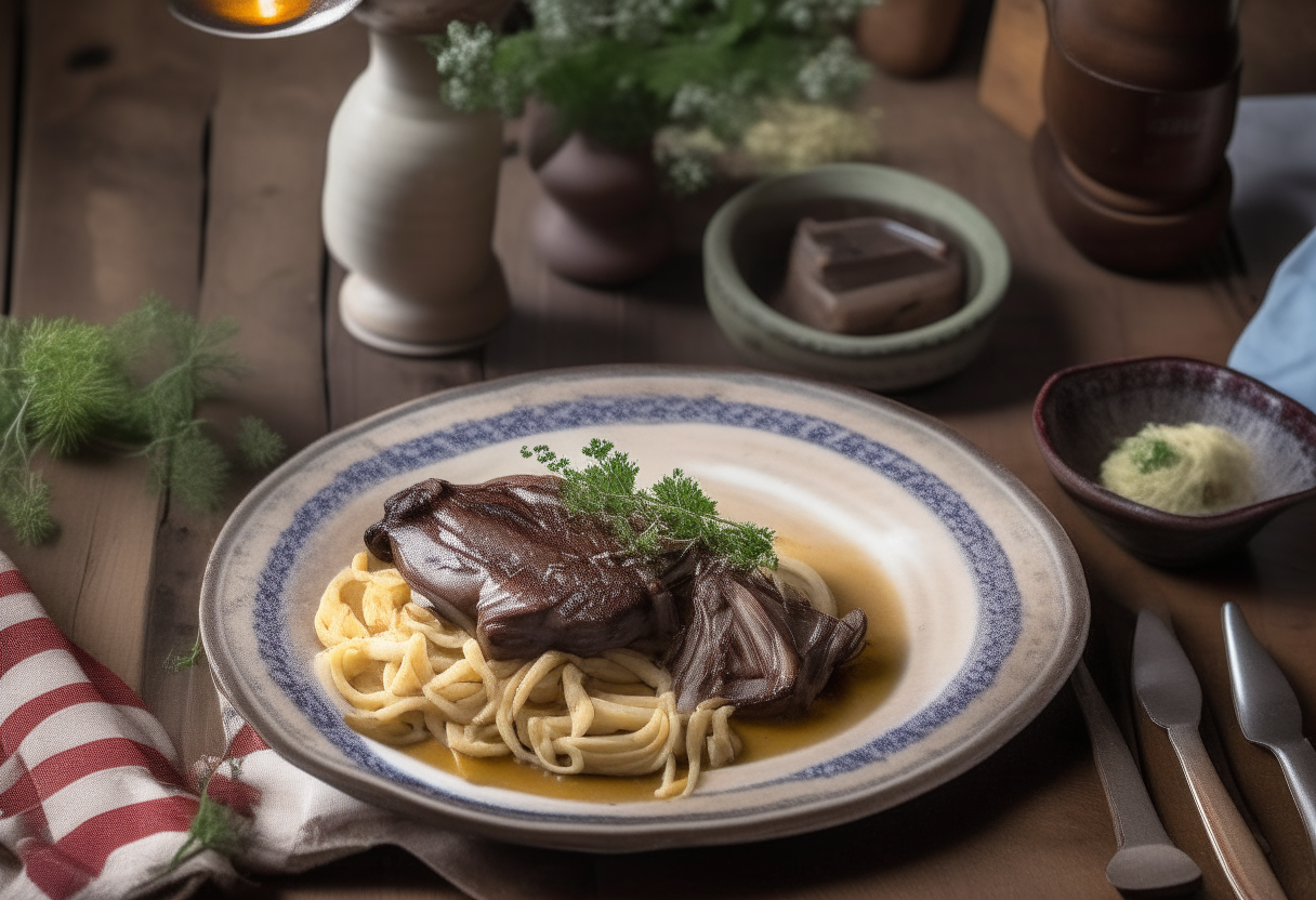 A rustic wooden table with a white plate filled with tender beef and noodles soaked in gravy, garnished with parsley flakes, next to a vintage napkin, cutlery and a jug with wildflowers and an American flag in the background