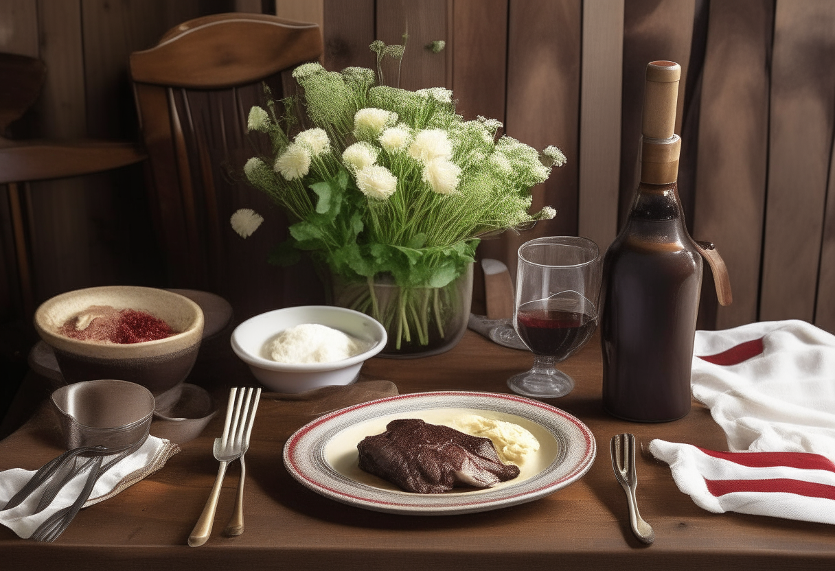 A rustic wooden table set for an all-American meal. At the center, a white plate filled with juicy beef and noodles in gravy. Parsley flakes and vintage cutlery complete the place setting. A rustic jug with wildflowers and an American flag create a nostalgic, home-cooked feel.