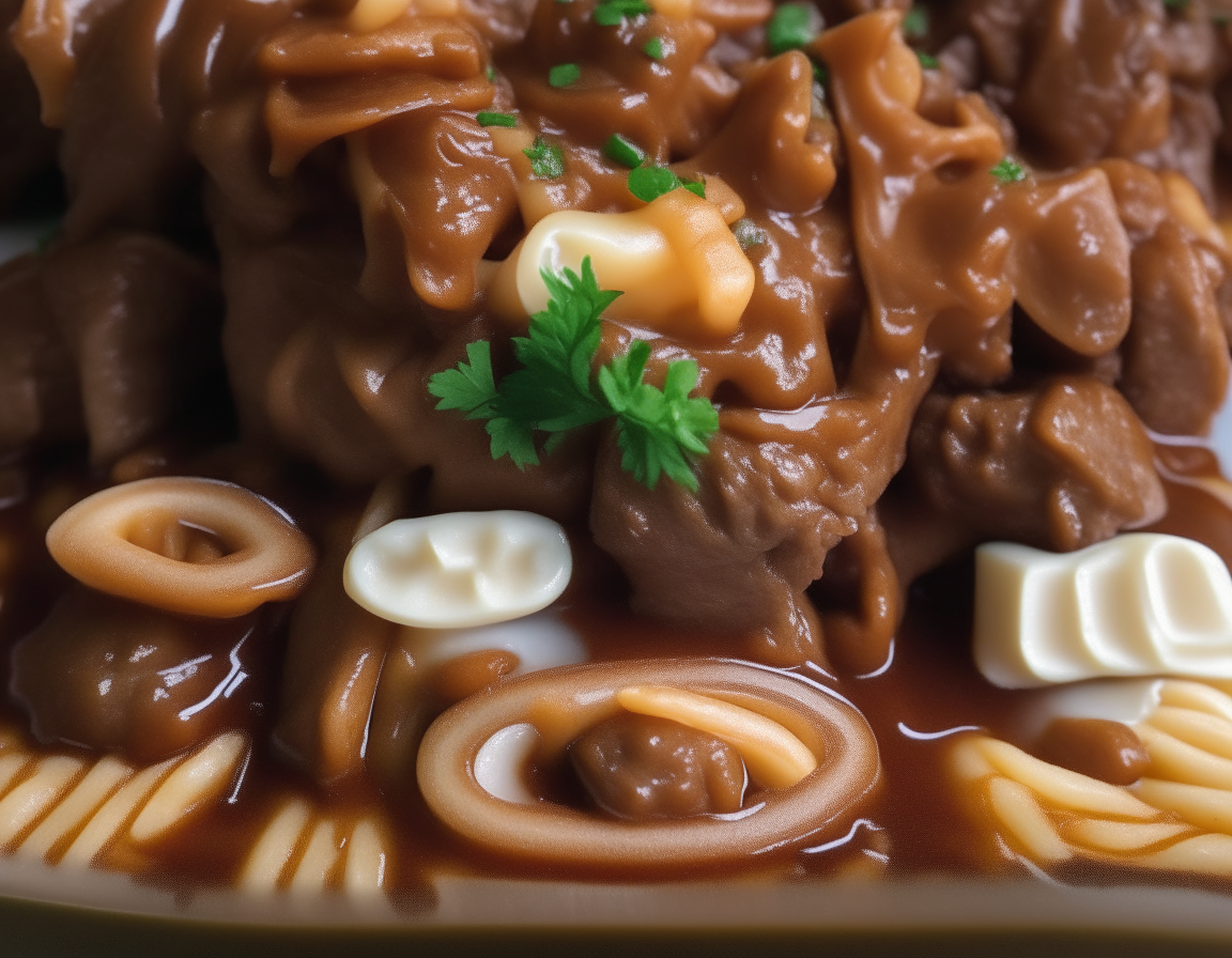 Close up photo of juicy beef chunks and thick noodles smothered in gravy on a white plate