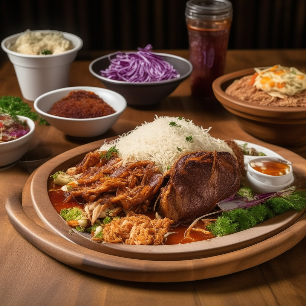 A rustic wooden table bearing a large white platter overflowing with succulent pulled pork, its fibers shimmering with the glaze of a rich barbecue sauce. The pork is glistening and is piled high, revealing its tender strands that have been slowly cooked to perfection. Accompanying the plate are classic American sides: coleslaw, cornbread, and pickled jalapeños, all arranged artfully around the pork. A vintage American flag hangs in the background, its stars and stripes adding a touch of patriotism to the scene. There's a bowl of golden BBQ sauce with a brush on the side, waiting to glaze any serving further. Green parsley flakes are sprinkled over the dish, giving a vibrant color contrast. Sunlight filters through a nearby window, casting warm highlights on the feast.