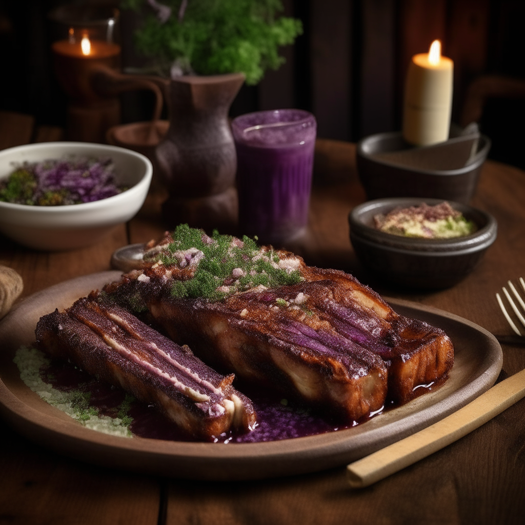 A rustic wooden table hosts a white plate, its edges ornately designed, presenting succulent slow-cooked ribs, their rich brown hue accentuated by the ambient lighting. The meat, nearly falling off the bone, glistens with the sticky glaze of a homemade BBQ sauce. Cornbread, golden and crumbly, sits alongside fresh green coleslaw with hints of purple from red cabbage. In the background, an American flag drapes casually, while vintage cutlery, a checked napkin, and an ice-cold jar of lemonade with a striped straw rest nearby. A mason jar of BBQ sauce, complete with a basting brush, and a cluster of fresh herbs signify the home-cooked nature of this traditional American feast.