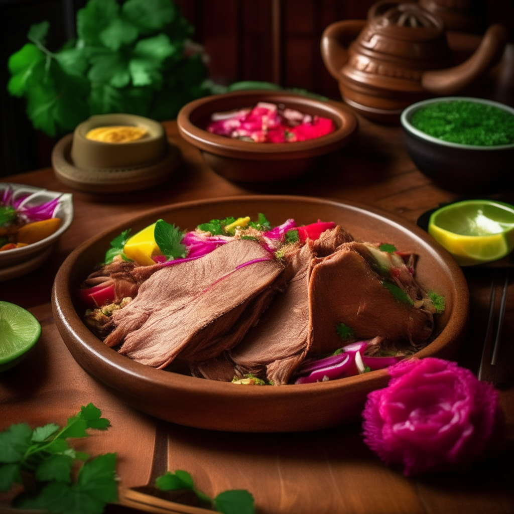 A rustic wooden table showcases a vibrant plate adorned with golden, crispy-edged pork carnitas. These tender morsels glisten under soft lighting, emphasizing the rich contrast between their crunchy exteriors and juicy interiors. Fresh lime wedges, coriander leaves, and sliced red radishes are strategically placed beside the pork, suggesting a burst of freshness and zest with every bite. In the backdrop, a traditional American flag gently drapes, blending seamlessly with the colors of a sunlit Cinco de Mayo festival. Nearby, a bowl of fresh guacamole, a jar of spicy red salsa, and warm tortillas entice the viewer to craft the perfect taco. The whole setting feels like a fusion of American backyard BBQ and a vibrant Mexican fiesta.