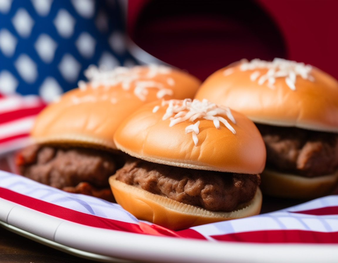 An extreme close up photo of sizzling juicy BBQ pulled pork sliders on a platter decorated with little American flags, on a red and white checkered picnic tablecloth