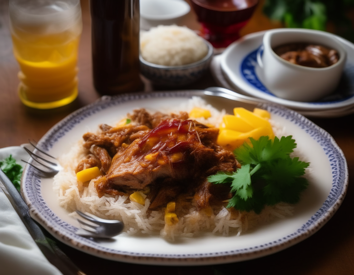 A close-up photo looking down on a porcelain dish filled with succulent BBQ pulled pork, bell peppers, pineapple, and onions, next to white rice, cornbread, and cider on a dinner table set with silverware and glasses, soft lighting