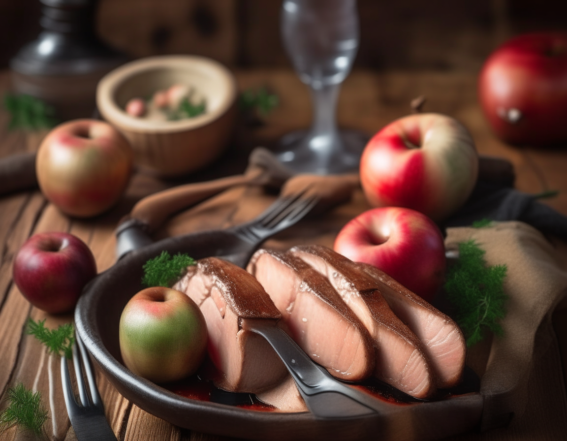 A close up photo of a tender pork tenderloin with caramelized apples, thyme, a basket of apples, fork, knife, and chilled apple cider on a rustic wooden table