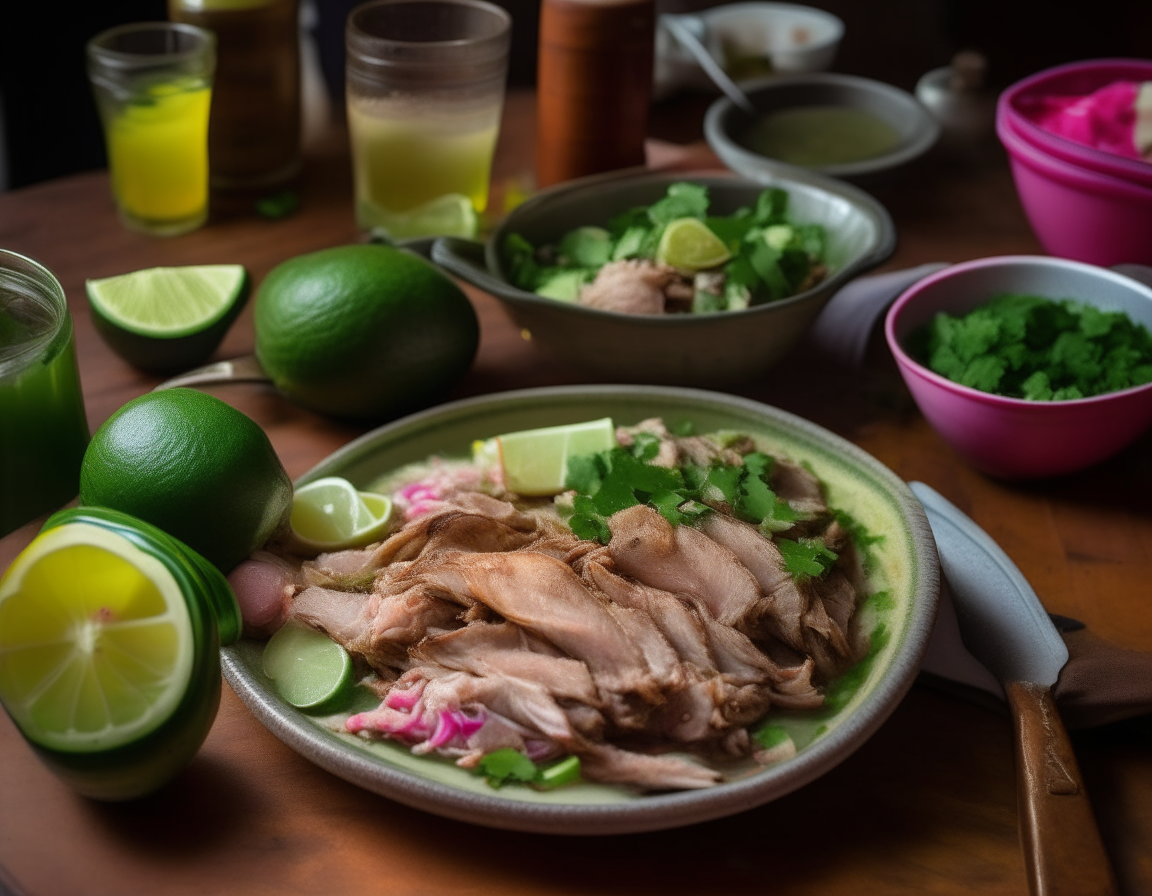 A close up photo of a plate of Pork Green Chili with chunks of pork, green chili sauce, tortillas, radishes, cilantro, and lime wedges, next to a pitcher of iced tea with lemon slices, on a rustic wooden table