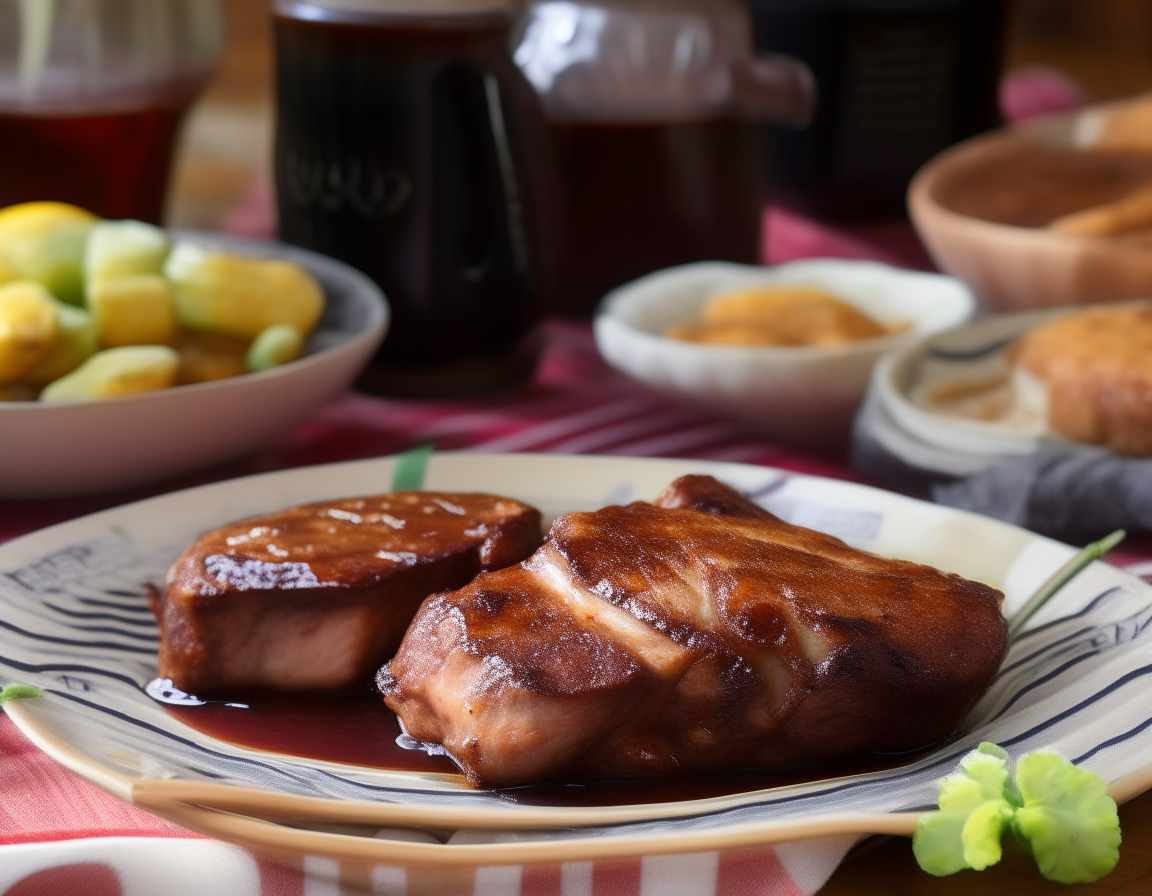 A close up photo of honey garlic pork chops, potatoes, beans, and a bowl of glaze on an American barnwood table with lemonade and a gingham cloth