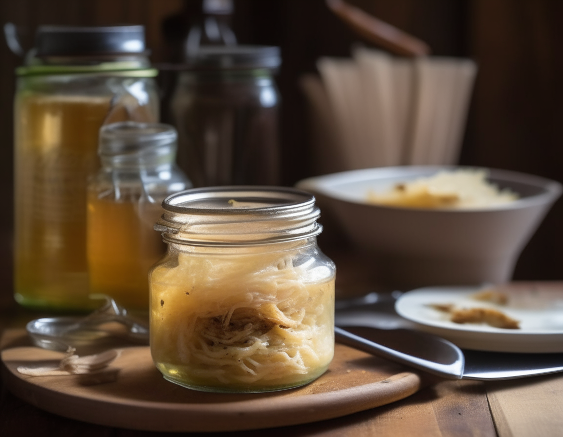 A close up photo of tender pork with golden sauerkraut, silverware, cornbread, apple cider in a mason jar on a rustic wooden table