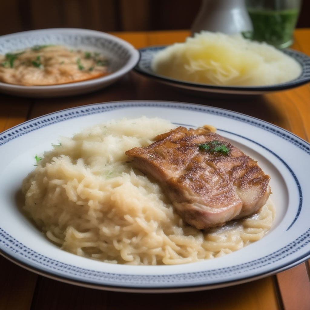 A delicious home cooked meal of pork chops and sauerkraut, plated attractively A recipe for pork chops and sauerkraut