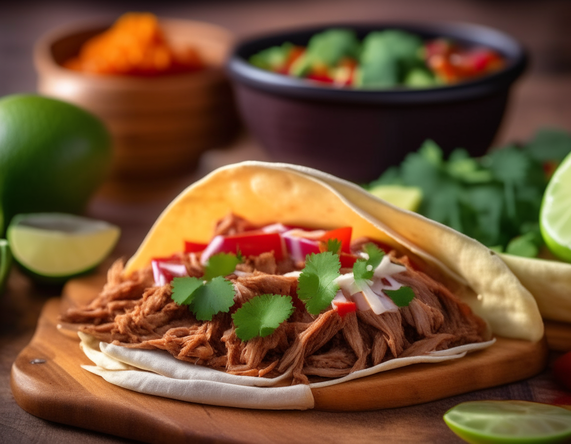 A close up photo of pulled pork tacos with cabbage, tomatoes and cilantro, guacamole, lime, and a slow cooker on a wooden table at sunset with an American flag