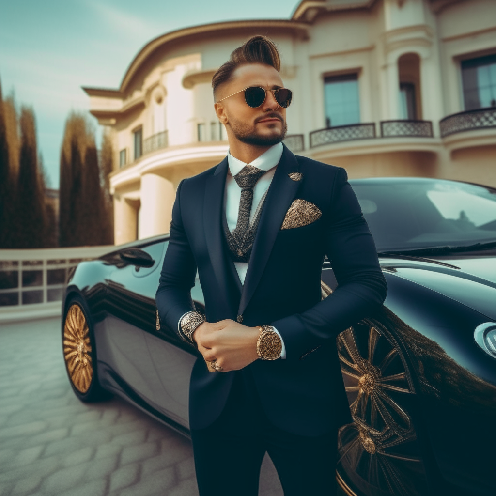 a rich cheerful man in a designer suit in front of a luxury villa and a first-class car. The man has a gold watch on his hand and a gold chain around his neck