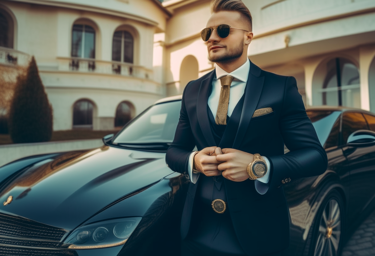 a rich cheerful man in a designer suit in front of a luxury villa and a first-class car. The man has a gold watch on his hand and a gold chain around his neck