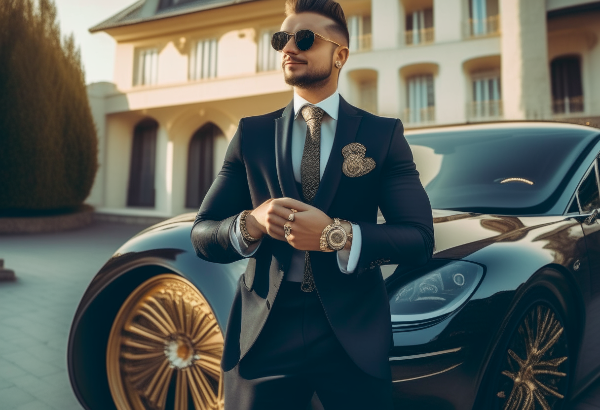 a rich cheerful man in a designer suit in front of a luxury villa and a first-class car. The man has a gold watch on his hand and a gold chain around his neck