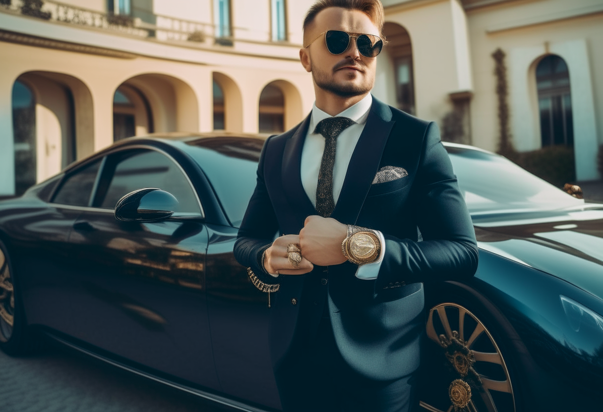 a rich cheerful man in a designer suit in front of a luxury villa and a first-class car. The man has a gold watch on his hand and a gold chain around his neck