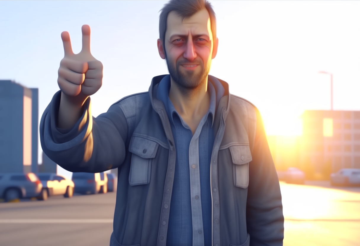 sad poor man, shabbily dressed gives a thumbs down and shakes his head. lens flares, uhd 8k cryengine