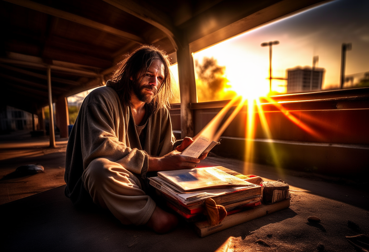 a homeless man under a bridge on the outskirts sits on a torn mattress on a cardboard next to him write HELP ME PLEASE