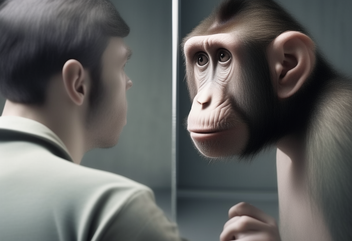 a man looks in the mirror, but a monkey looks out of the mirror