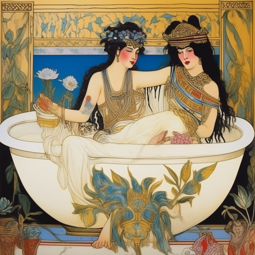 cleopatra is taking milk bath in floral bath tub with beautiful servant carrying milk