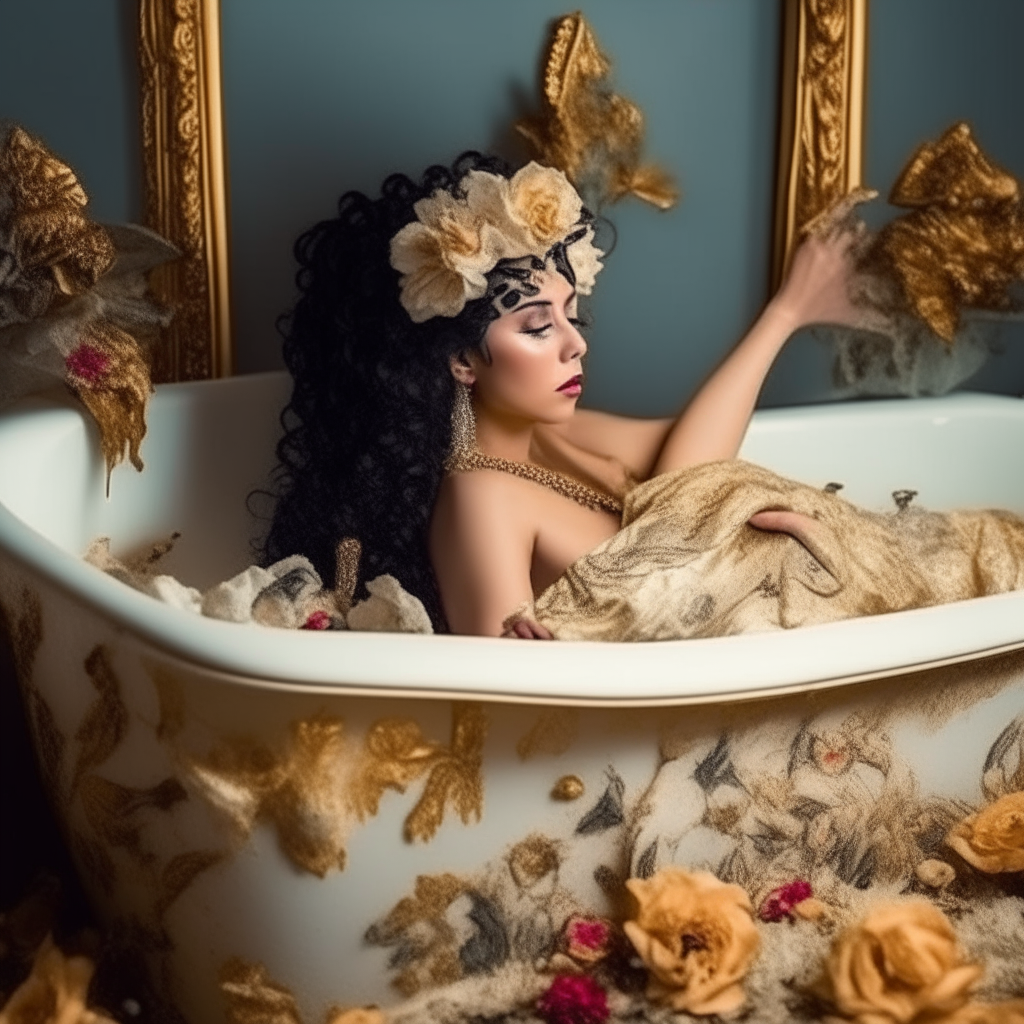 cleopatra is taking milk bath in floral luxury bath tub. make the image look real