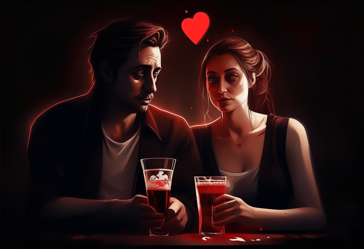 a beautiful  woman drinking beer with a man, red hearts, friendship, love, sadness, dark ambiance, concept by Godfrey Blow, featured on deviantart, drawing, sots art, lyco art, artwork, photoillustration, poster art