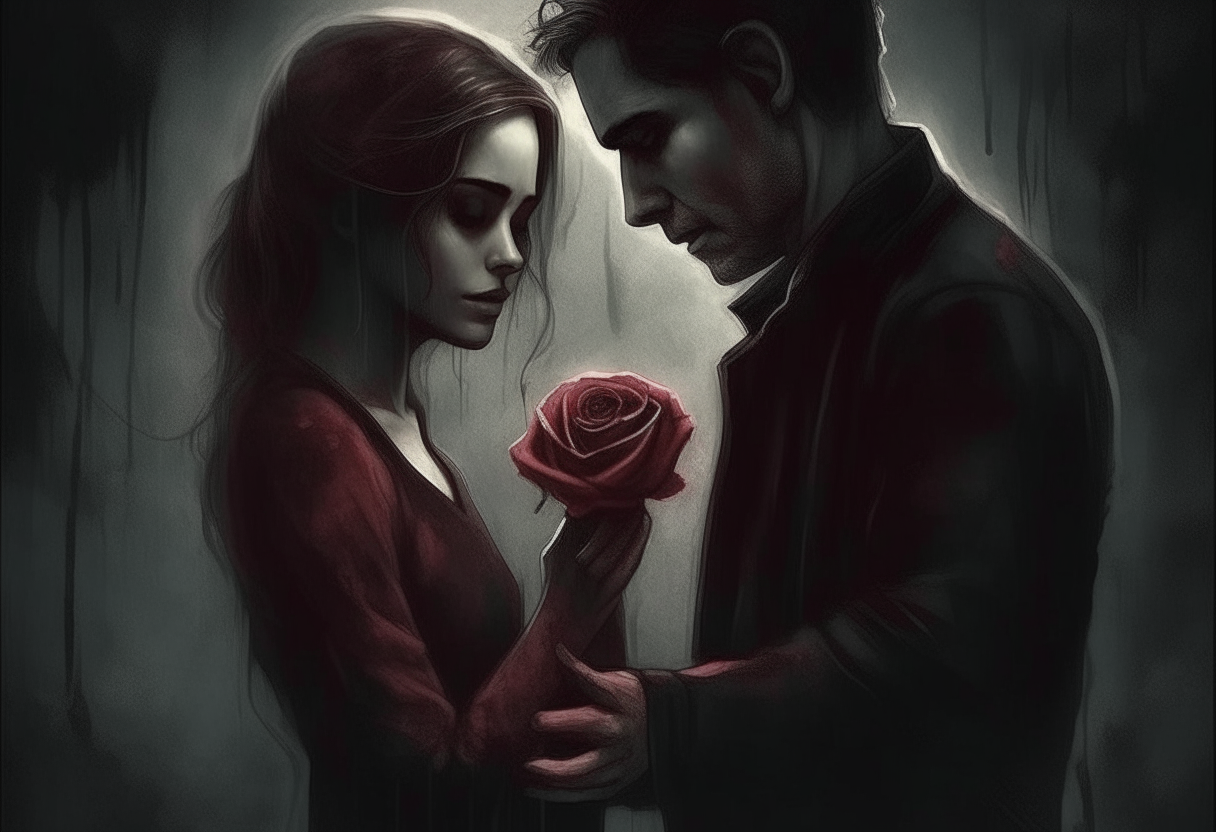 a man give rose to the woman, friendship, love, sadness, dark ambiance, concept by Godfrey Blow, featured on deviantart, drawing, sots art, lyco art, artwork, photoillustration, poster art