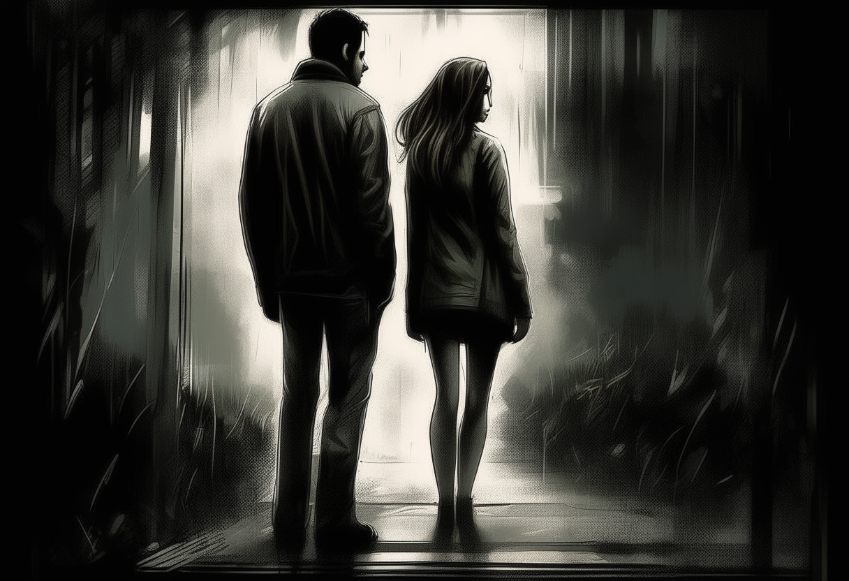 a man see a woman , she is walk away, friendship, love, sadness, dark ambiance, concept by Godfrey Blow, featured on deviantart, drawing, sots art, lyco art, artwork, photoillustration, poster art