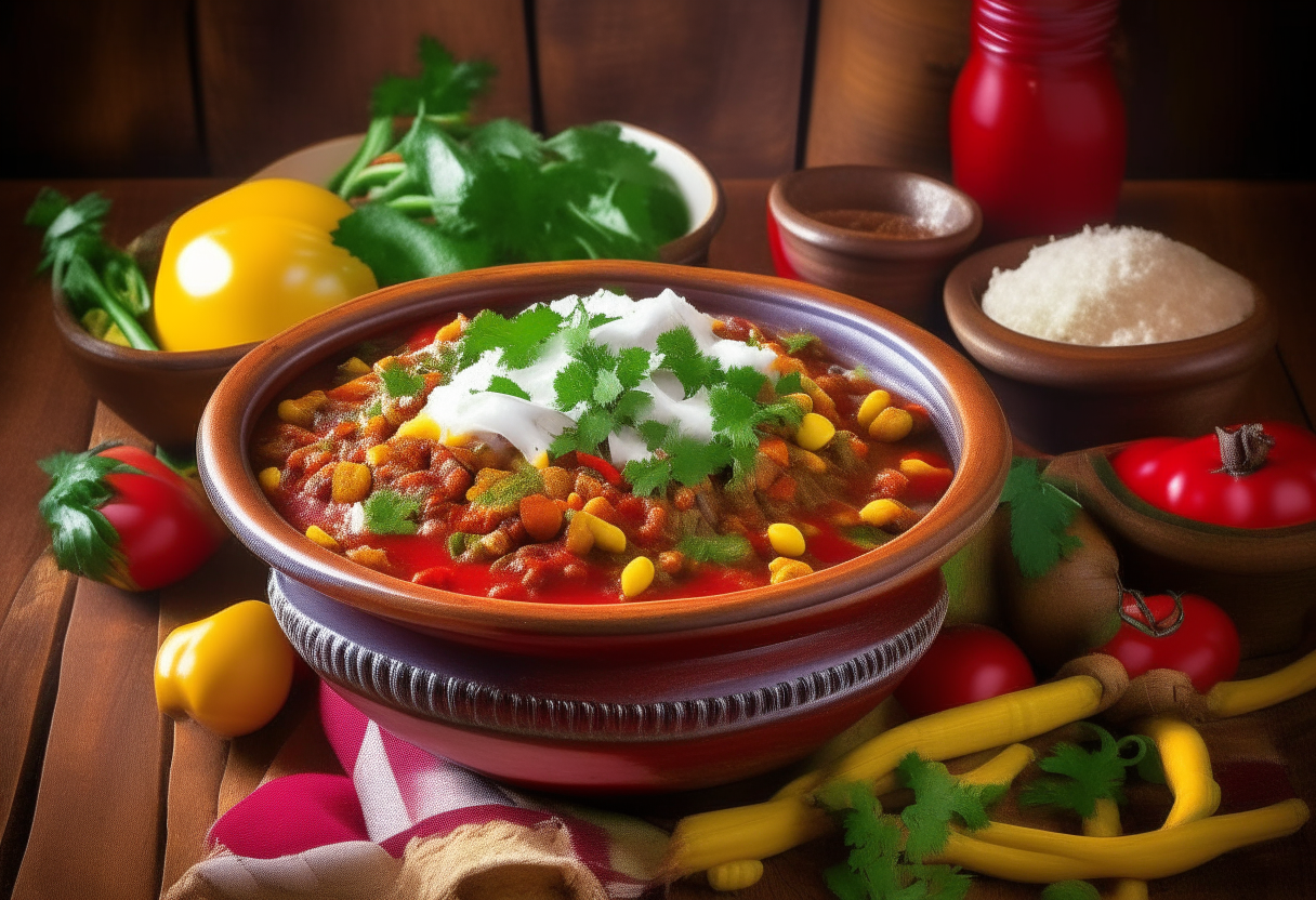 A vibrant bowl filled with vegetarian chili sits in the middle of a rustic wooden table. The chili is a rich reddish brown color with sprinkles of green cilantro and shredded yellow cheddar cheese on top. A side of steaming hot golden cornbread with sour cream sits close by. Scattered around are red and green bell peppers, garlic, onion, beans and tomatoes. An American flag and basket of dried chilies hang in the background.