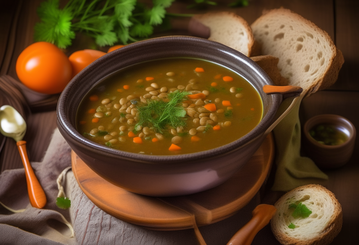 A deep earthenware bowl filled with thick, velvety olive green lentil soup with flecks of orange carrots and onions. A sprig of parsley and drizzle of golden olive oil garnish the top. Nearby is a basket of freshly baked crusty bread emitting an aroma. Raw celery, lentils, garlic and bay leaf are scattered around. An American flag napkin and candle in a vintage holder complete the cozy scene.