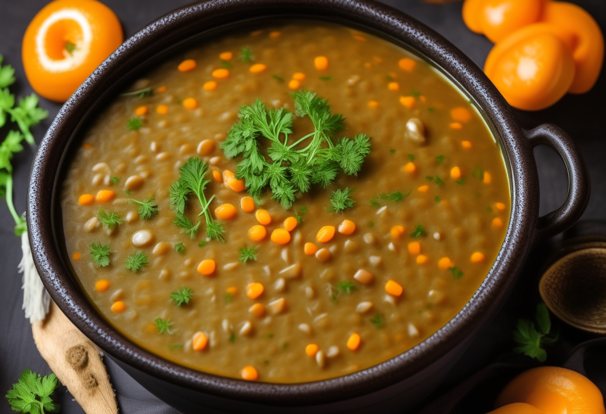 A deep earthenware crockpot filled with thick, velvety olive green lentil soup with flecks of orange carrots and onions. A sprig of parsley and drizzle of golden olive oil garnish the top. The soup is still cooking in the crockpot, emitting wisps of steam.