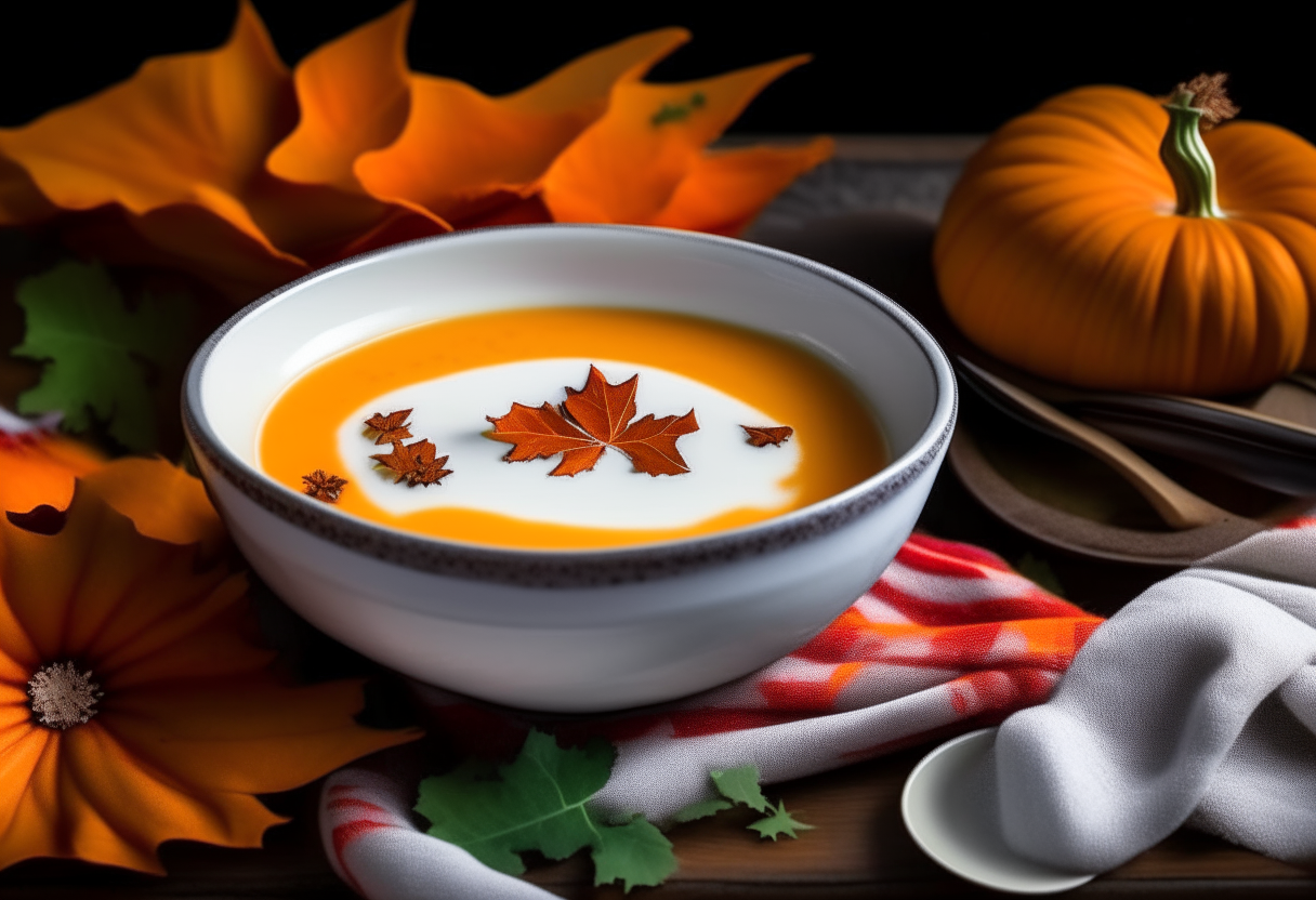 A round ceramic bowl filled with creamy orange butternut squash soup, drizzled with coconut cream and sprinkled with crushed pecans. A cloth napkin with embroidered fall leaves sits nearby, along with a wooden spoon. In the background is a loaf of bread and fall foliage, with a corner of an American flag.