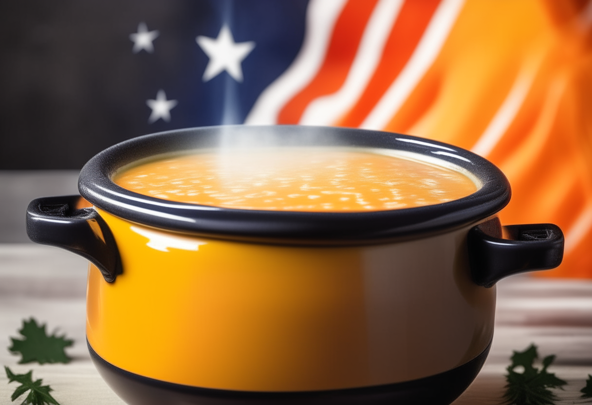 A round ceramic slow cooker filled with creamy orange butternut squash soup, emitting wisps of steam as it cooks. Fall leaves and an American flag are in the background.