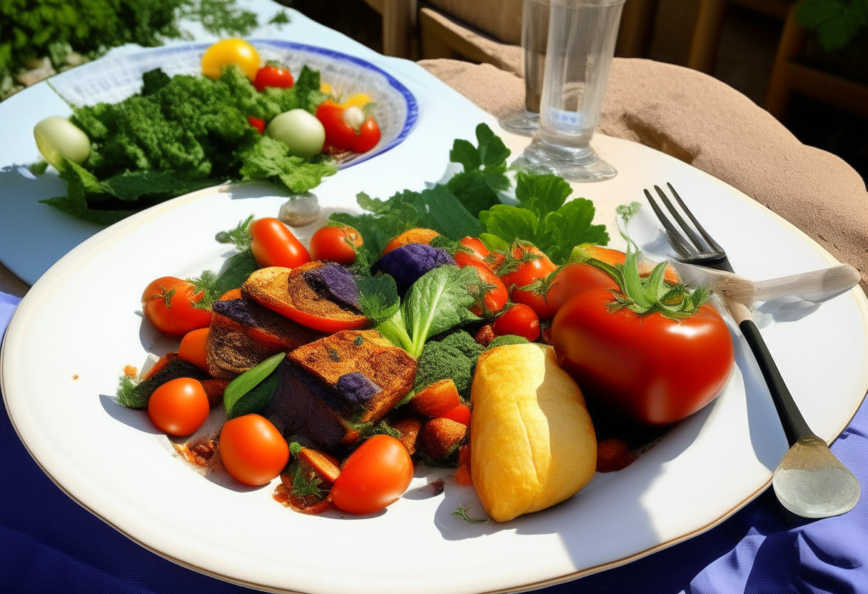 A plate bursting with colorful chunks of tomatoes, eggplant, zucchini and bell peppers, glistening under light. Sprinkled on top are chopped basil and parsley. Next to it is buttered French bread. The plate sits on a lace tablecloth with silverware and an American flag napkin, with a candle and sunflowers in the background.