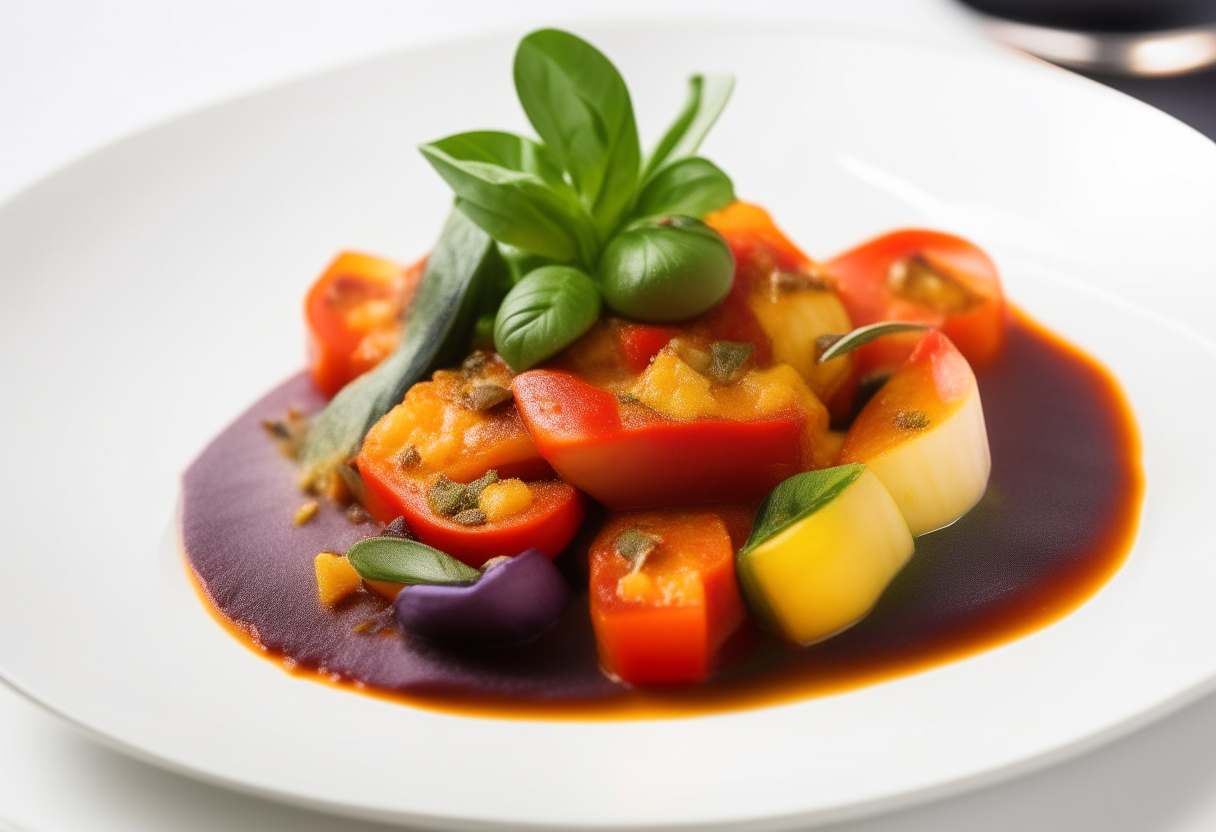 A slice of ratatouille with eggplant, zucchini, tomato and bell pepper cubes in tomato sauce. Served on a white plate garnished with basil.