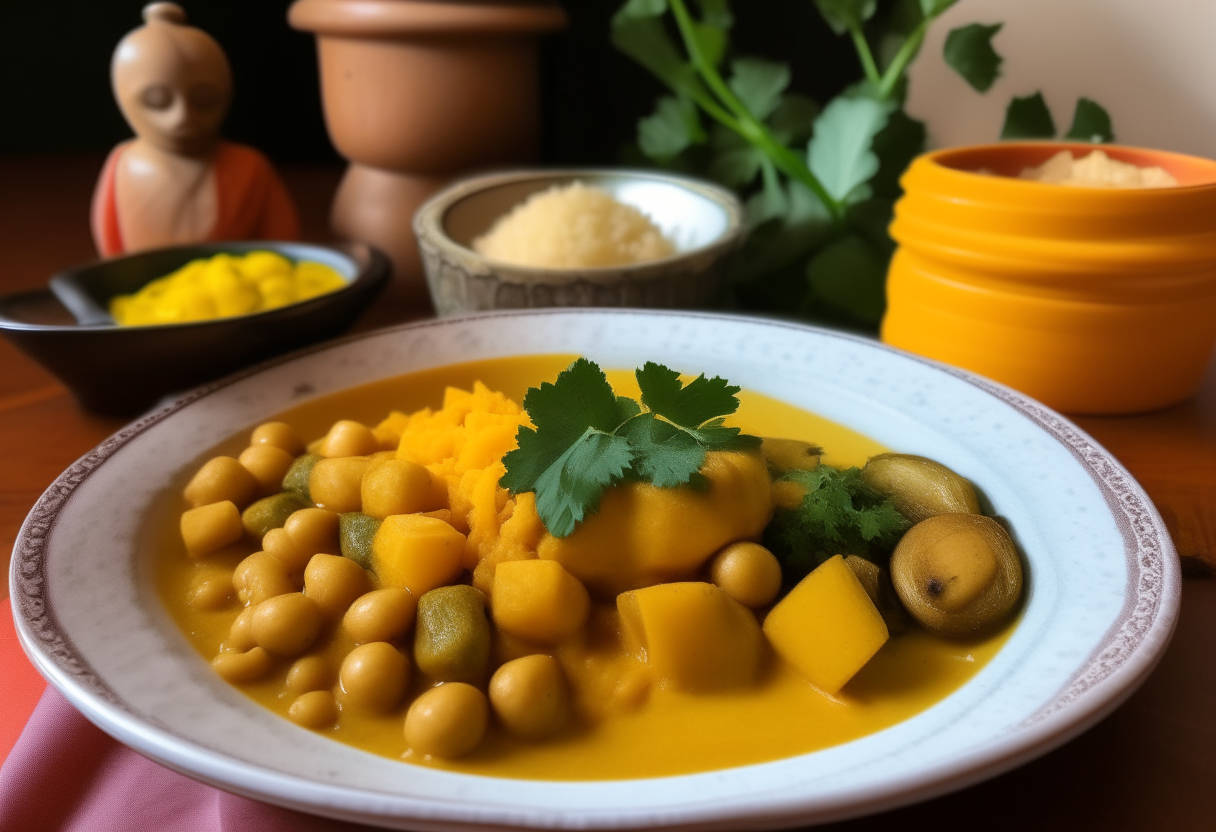 A golden yellow curry filled bowl with potatoes, beans, peppers and chickpeas topped with cilantro. Next to it is jasmine rice. Framed by a cowboy hat, Statue of Liberty, and quilted American placemat.