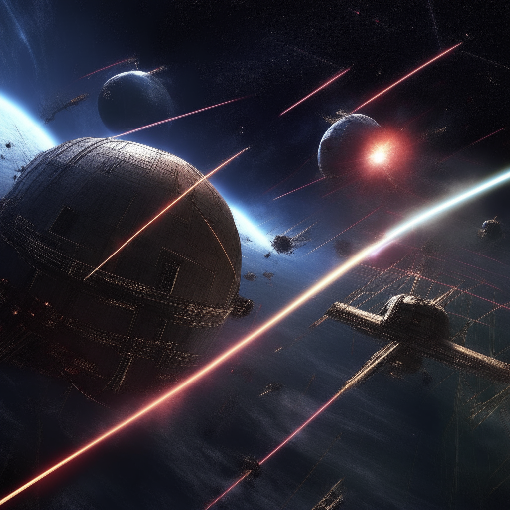 A photorealistic view of the Death Star in space, lasers firing from its superlaser dish as starfighters engage in a massive space battle