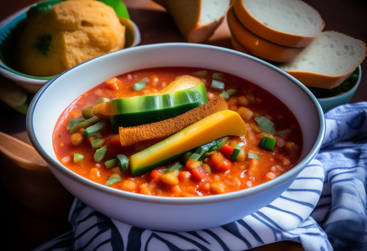 A bowl filled with quinoa, bell peppers, corn, zucchini and eggplant in a red tomato broth. Next to it is sliced sourdough bread. An embroidered American flag cloth is behind.