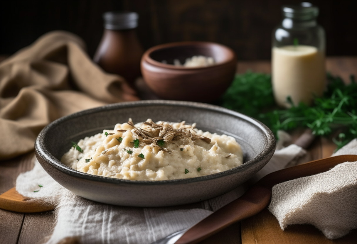 A bowl of creamy mushroom risotto garnished with thyme. Next to it is grated parmesan cheese. In the background is a vintage American flag hanging in a farmhouse.